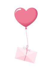 Flying pink heart balloon with an envelope on a string, isolated on white background. Flat vector illustration