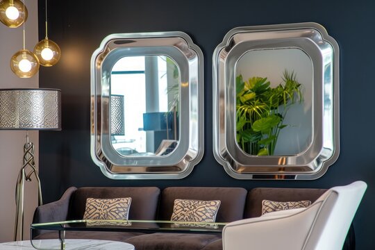 Two mirrors in an aluminum frame hanging on the wall