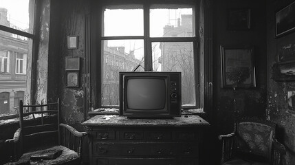 Vintage Black and White Television Set on Dresser in Main Room, Evoking the Nostalgia of Soviet Era