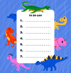 Cartoon dino. To do list. Jurassic dinosaurs. Prehistoric reptile. Boys schedule. Daily planning. Kids notepaper. Tasks and goals plan. School timetable. Agenda organizer. Childish note vector design