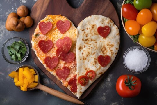 heart-shaped quesadilla filled with pizza ingredients, including cheese, pepperoni, and veggies