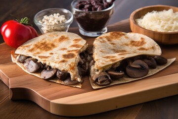 heart-shaped quesadilla with cheese and refried beans, mushrooms, and additional fillings