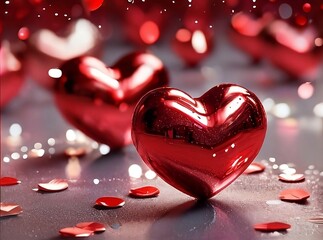 Two 3D Red hearts in a red color glittery background, 2024  valentine's day 