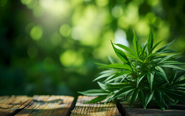 Natürliche Kulisse: Grüne Cannabis-Pflanze auf Holztisch für Hanfölprodukte