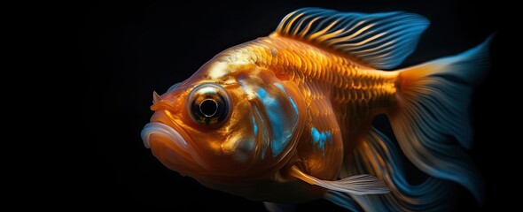 Fototapeta premium A dark background surrounds an orange fish, in the style of photorealistic compositions, light azure and gold, luminous portraits