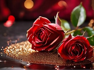 2024 Valentines Day , Two red roses in a golden red glittery background reflecting love and romance.