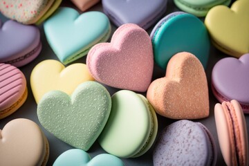 Fototapeta na wymiar close-up of heart-shaped macarons in a variety of pastel colors, with a different color on each