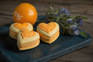 heart-shaped macarons filled with citrus flavor, topped with zesty orange icing