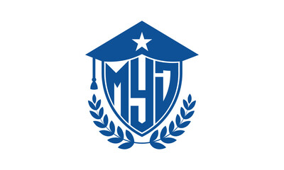 MYD three letter iconic academic logo design vector template. monogram, abstract, school, college, university, graduation cap symbol logo, shield, model, institute, educational, coaching canter, tech - obrazy, fototapety, plakaty