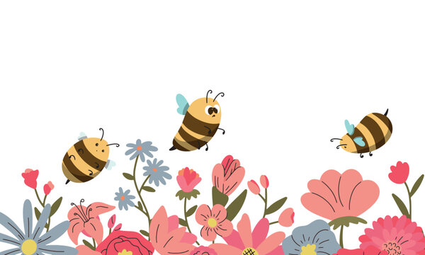 Bee cartoon and flowers on white background vector illustration.