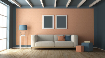 Modern living room with sofa with blue walls and peach fuzz color in the background