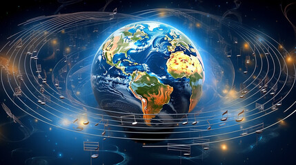 Obraz premium Music notes around planet earth, music day, generative AI