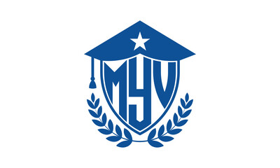 MYV three letter iconic academic logo design vector template. monogram, abstract, school, college, university, graduation cap symbol logo, shield, model, institute, educational, coaching canter, tech