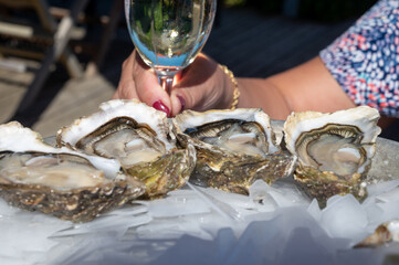 Eating of fresh live oysters with citron and white wine at farm cafe in oyster-farming village, with view on boats and water of Arcachon bay, Cap Ferret peninsula, Bordeaux, France