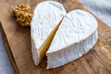 Cheese collection, French cheese from Normandy region, heart-shaped neufchatel close up