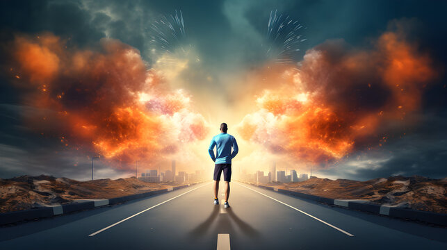 Man is relaxing in mountains and lighting fire,,
 illustration of an athletic man walking on a deserted road into the sunset. The image is focused on the man's leg, which emphasizes his physical fitn
