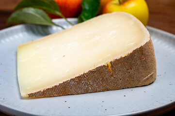Piece of tasty Ossau-Iraty or Esquirrou sheep cheese produced in south-western France, Northern Basque Country