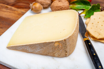 Piece of tasty Ossau-Iraty or Esquirrou sheep cheese produced in south-western France, Northern Basque Country