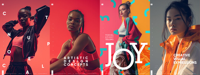 Fashion posters featuring models with dynamic poses and large, overlaid typography in a contemporary design. Typography poster design.