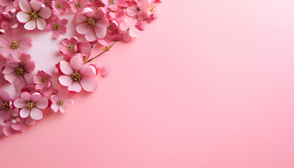 Beautiful flowers on pink background. flat lay.