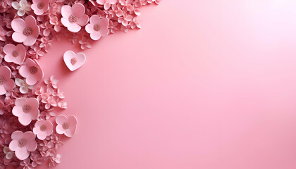 Fototapeta na wymiar Valentine's day background with pink paper hearts on pink background