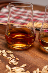 Tasting of different Scotch whiskies strong alcoholic drinks, drum of whiskey and colorful Scotch tartan on background close up