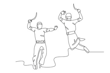 Two men perform a martial arts performance while carrying sharp weapons