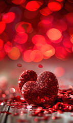 Red heart or love shaped glass object with a happy valentine day and blurred light background