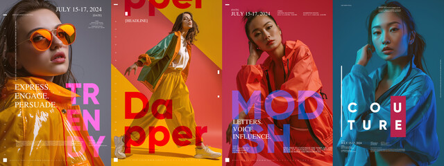 Colorful fashion posters with bold typography and stylish models posing in trendy outfits. Typography poster design.