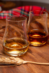 Tasting of different Scotch whiskies strong alcoholic drinks, drum of whiskey and colorful Scotch tartan on background close up
