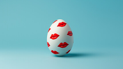 Funny Easter banner with copy space. A white egg with painted red lipstick kisses on a teal blue background. A pop art lips, punk, shouty, quirky Easter concept design. A playful & unique.