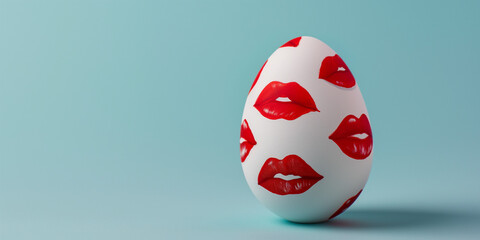 Funny Easter banner with copy space. A white egg with painted red lipstick kisses on a teal blue background. A pop art lips, punk, shouty, quirky Easter concept design. A playful & unique. - obrazy, fototapety, plakaty