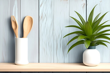Küchenutensilien und Grünpflanze auf einem Regal mit Holzhintergrund, copy space - obrazy, fototapety, plakaty
