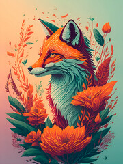 Fox in flowers, beautiful colorful portrait for poster, postcards, Generative AI