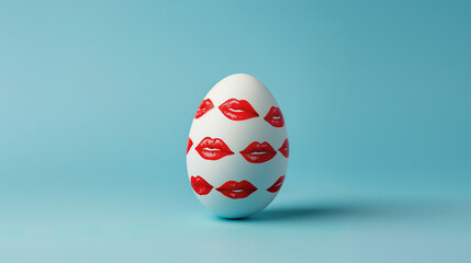 Funny Easter banner with copy space. A white egg with painted red lipstick kisses on a teal blue...