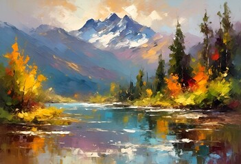 Obraz premium a painting of a mountain range with water and trees in it