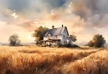 Fototapeta premium AI generated illustration of A charming farmhouse surrounded by a dusty haze