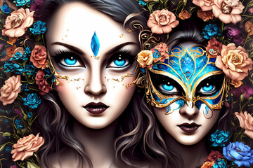 Zwei Frauen mit stechend blauen Augen, die venezianische Masken tragen  - obrazy, fototapety, plakaty