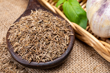 Herbs and seeds collection, aromatic dried seasoning cumin close up