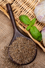 Herbs and seeds collection, aromatic dried seasoning cumin close up
