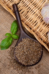 Herbs and seeds collection, aromatic dried seasoning cumin close up