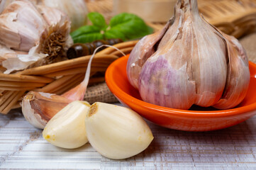 Cooking with dried French garlic. Red garlic. Violet garlic.