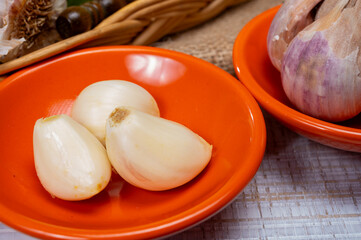 Cooking with dried French garlic. Red garlic. Violet garlic.
