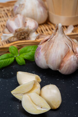 Cooking with dried French garlic. Red garlic. Violet garlic.