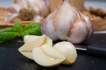 Cooking with dried French garlic. Red garlic. Violet garlic.