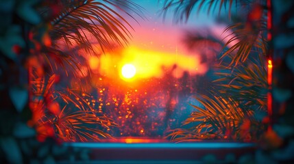 window palm leaf in the rays of sunset blurred background neon colors. Generative AI