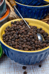 Indian spices collection, dried black peppercorns, kitchen spices
