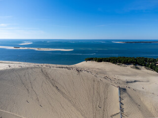 Aerial view of Dune of Pilat tallest sand dune in Europe located in La Teste-de-Buch in Arcachon Bay area, France southwest of Bordeaux along France's Atlantic coastline