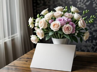 vase of white roses sits on a wooden table, accompanied by a blank white card, love concept