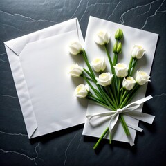 white card lies on a dark surface, accompanied by a bouquet of white tulips